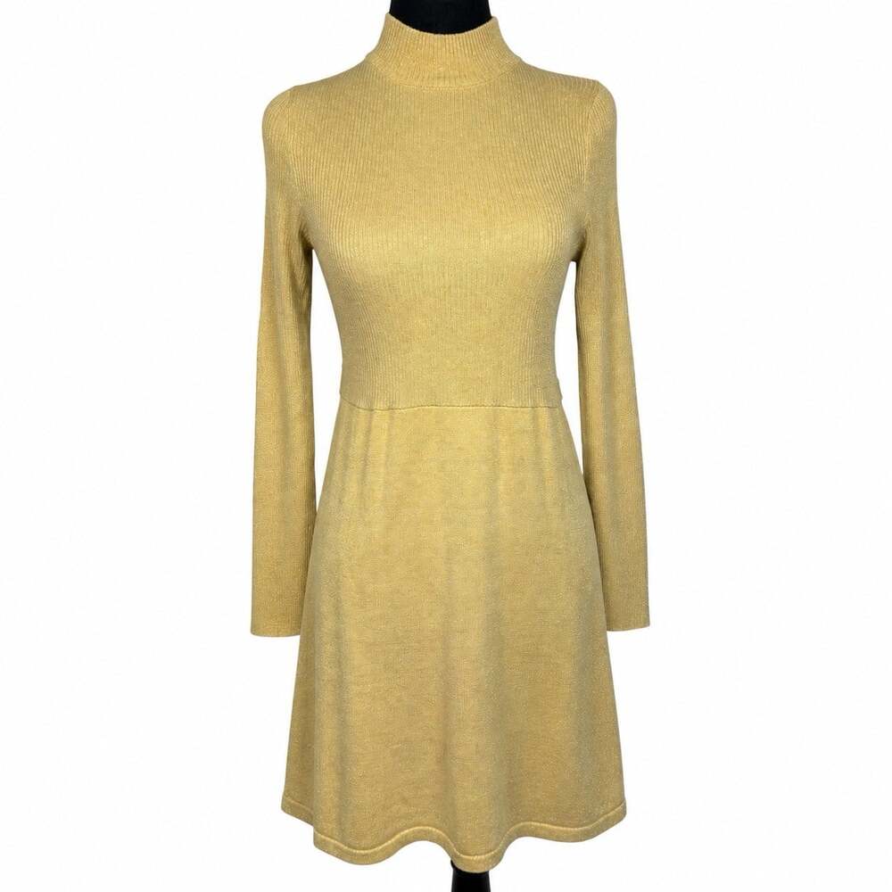 Free People Gold Metallic Knit Long Sleeve Mock Neck Sweater Dress Size XSmall